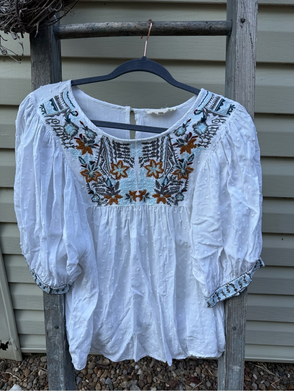 Solitaire White Peasant Tunic with Multicolor Floral Embroidery